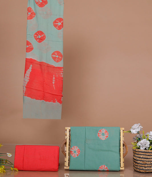 Pista Green & Red Coloured Exclusive Unstitched Pure Cotton Hand Block Printed Party wear Dress Material Suit!!