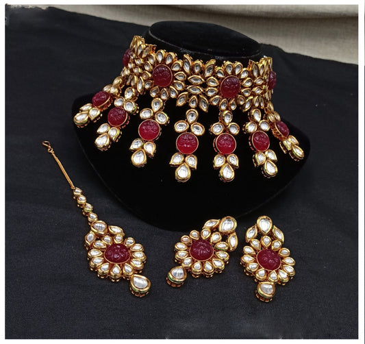 Premium quality Gold Plating Maroon Kundan jewellery Necklace set with Earrings and Matha Patti!!