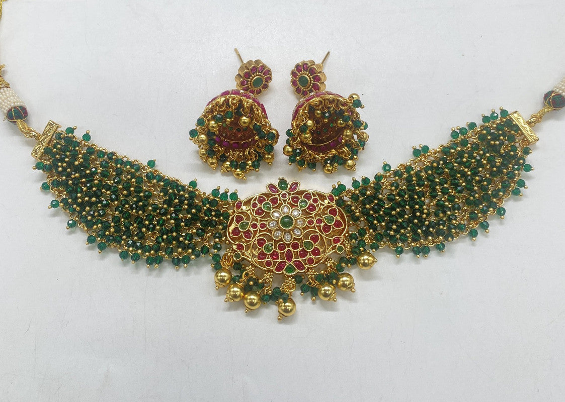 Gold & Green Coloured Pure Brass Real Kundan Gold Plating with Pearls Women Temple Design Necklace set with Jhumka earrings!!