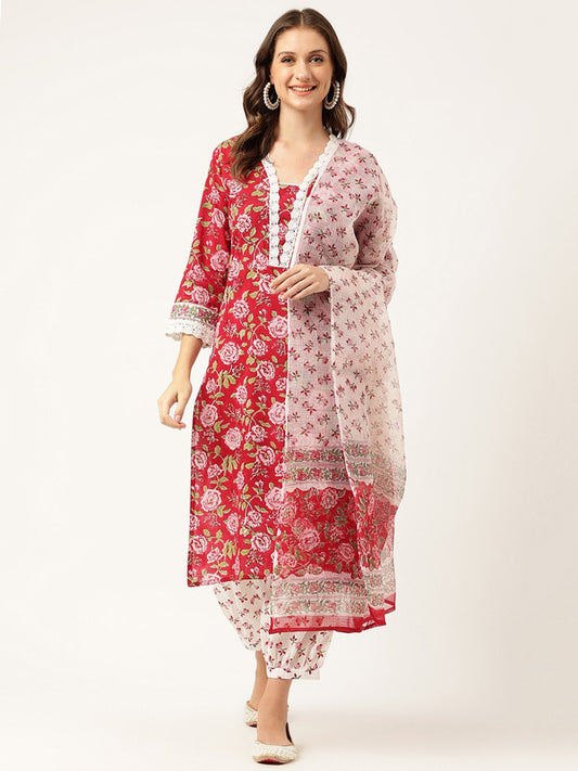 Maroon Coloured Floral Printed V Neck 3/4 Sleeves Straight shape Women Designer Party wear Pure Cotton Kurti with Salwar & Dupatta!!