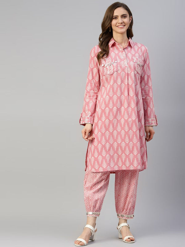 Pink Coloured Ethnic Motifs Printed Shirt collar long Sleeves Straight shape Women Designer Party wear Pure Cotton Kurti with Harem Pant!!