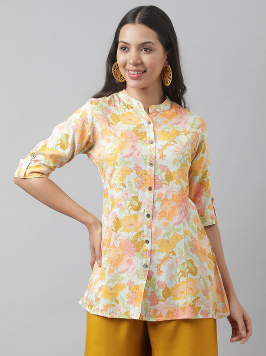 Off-white & Yellow Coloured Premium Rayon Floral printed Mandarin Collar Roll-Up Sleeves Women Party/Daily wear Western A-line Shirt Style Top!!