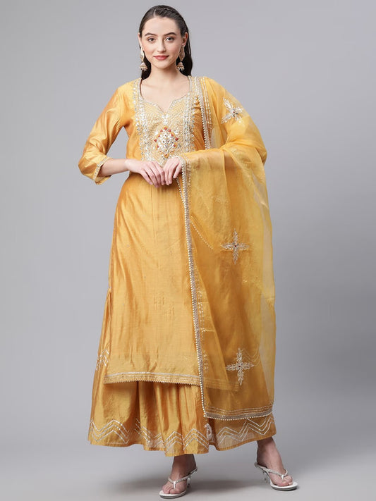 Yellow Ethnic Motifs Yoke Design Chanderi Silk Straight shape Kurta with Sharara & Dupatta!!