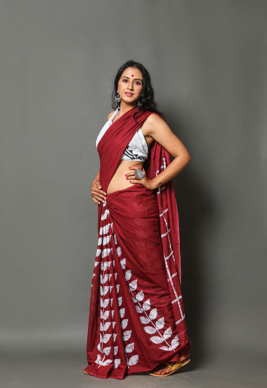 Maroon & White Coloured Beautiful Hand Block printed Women Daily/Party wear Pure Mul Cotton Saree with Blouse!!