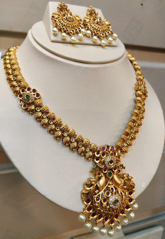 Exclusive Plain Gold Ruby with Emrald Peacock Necklace set with Ear Rings!!