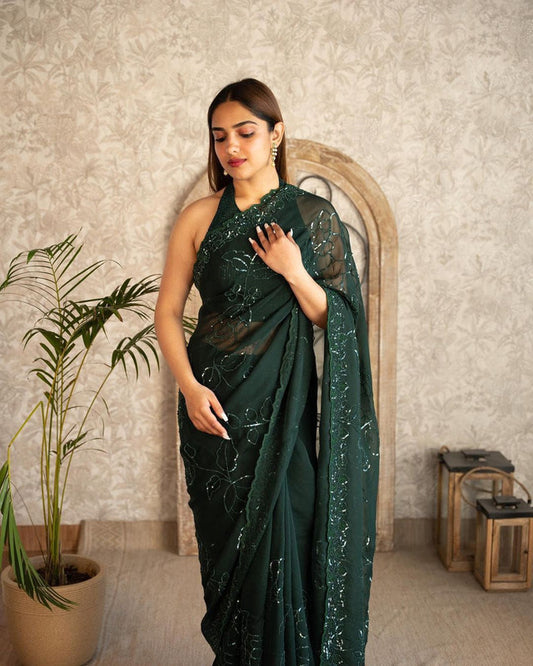 Green Coloured Rangoli silk with Beautiful Sequence Work with Cut work Women Party wear Silk Saree with Blouse!!