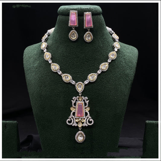 Gold & Pink Coloured Pure Brass with Real Kundan & Pearls Women Gold Plated Designer Necklace with Earrings!!