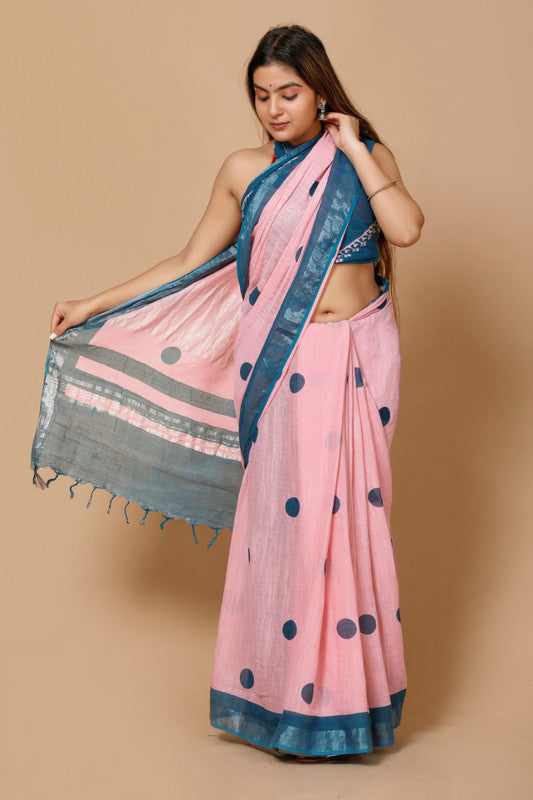 LINEN COTTON HAND BLOCK PRINT SAREE WITH BLOUSE!!