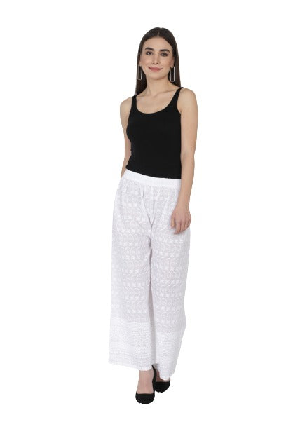 White Coloured Soft Pure Cotton Solid Perfect Fit Embroidered Wide Legged Women Chikan Palazzo Pant!!
