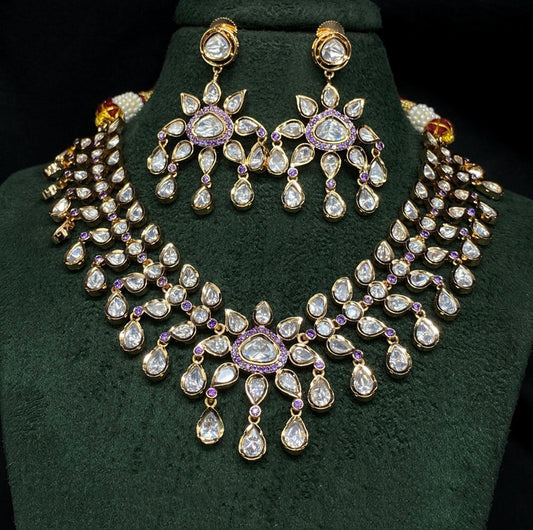 White & Multi Coloured Pure Brass with Real Kundan Women Gold Plated Designer Necklace with Earrings!!