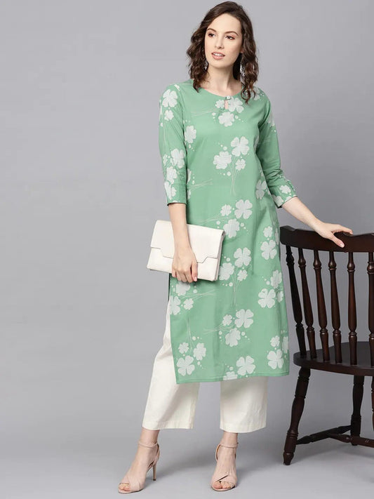 Green & White Coloured Pure Cotton with floral printed Women Designer Party wear Straight Line Kurti with Trousers!!