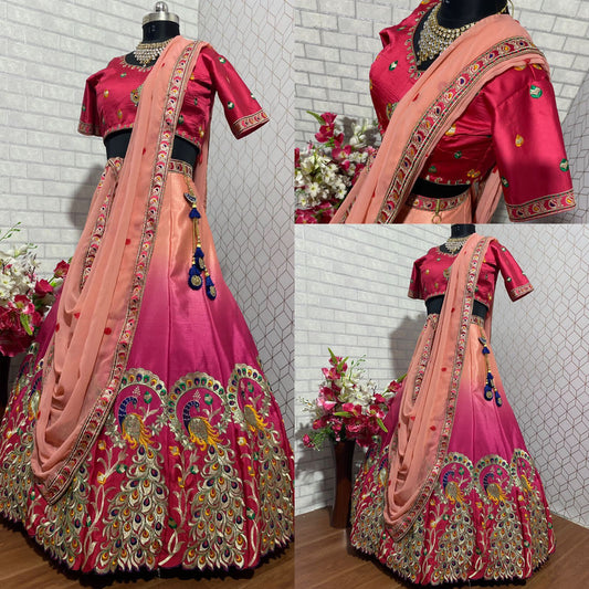 Pink & Multi Print Coloured Embroidered Attractive Designer Party Wear Silk Lehenga choli!!