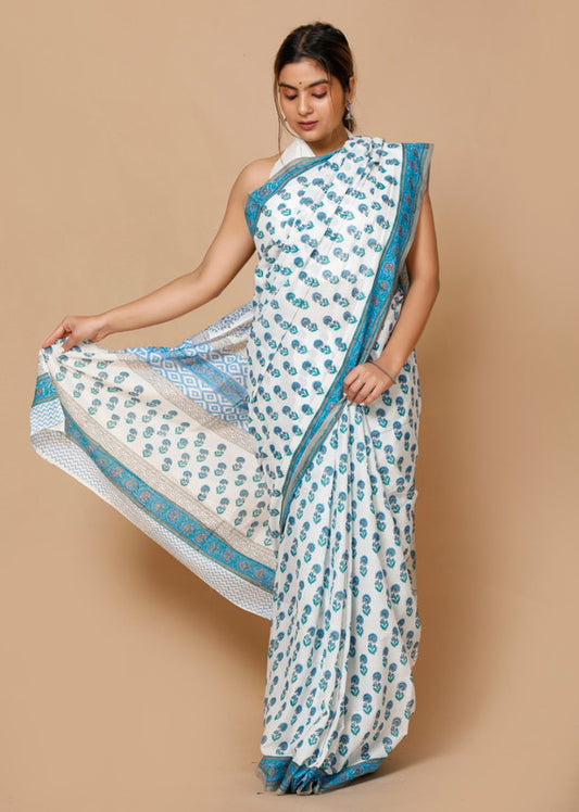 HAND BLOCK  PRINTED COTTON SAREE WITH BLOUSE!!