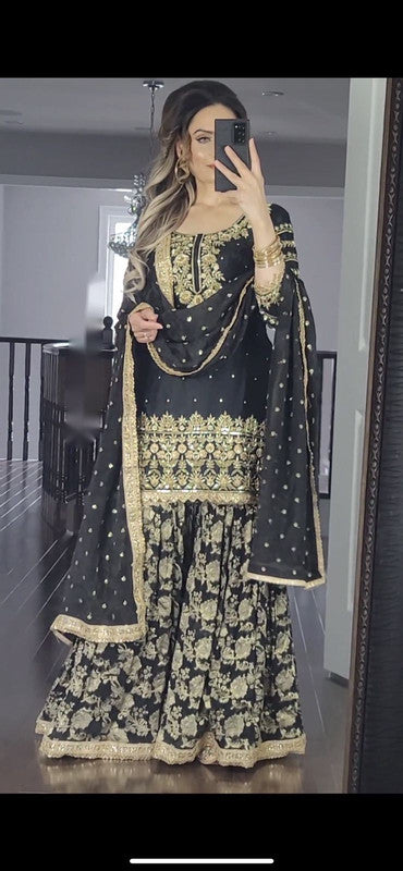 Black Coloured Heavy Fox Georgette Heavy Embroidery Sequence work 3/4 Sleeves Women Fully Stitched Designer Party/Daily wear Top with Plazzo & Dupatta!!