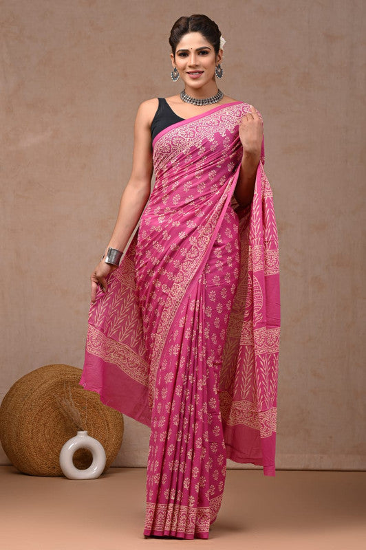 Pink & White Coloured Hand Block Bagru, Dabu & Batik Dye Print Women Designer Party wear Pure Cotton Saree with Runnin Blouse!!