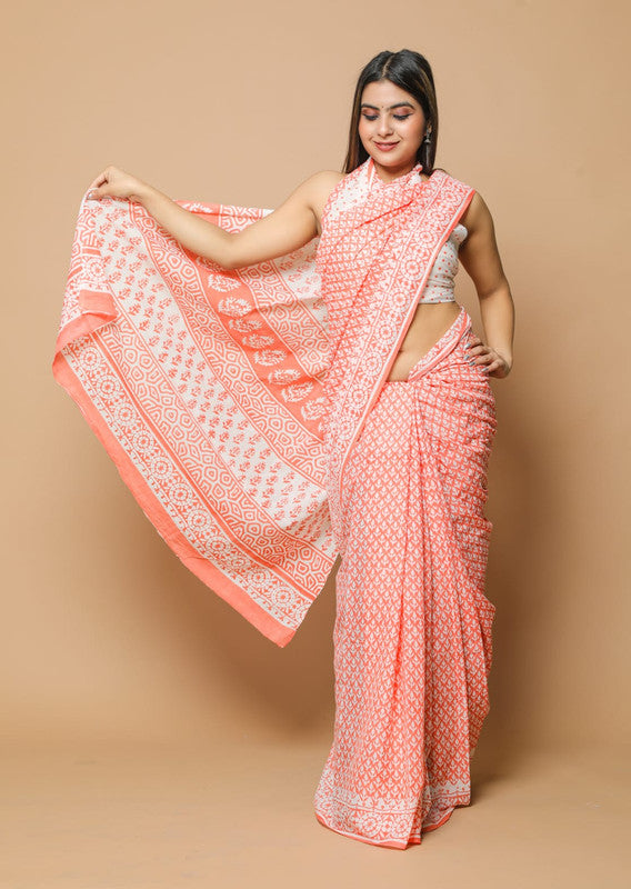 HAND PRINTED MUL COTTON SAREE