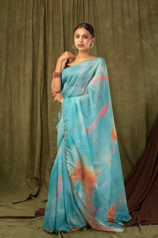 Rama Blue & Multi Coloured Premium Khadi Organza with Digital print Women Party wear Oranza Silk Saree with Blouse!!