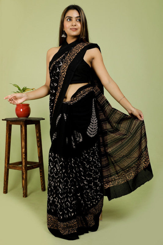 BEAUTIFUL BLACK HAND PRINTED MUL COTTON SAREE!!