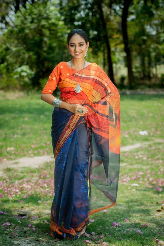 Orange & Blue Coloured Pure Soft Oranza Silk with stylish Print & Fancy Border Women Party wear Oranza Silk Saree with Blouse!!