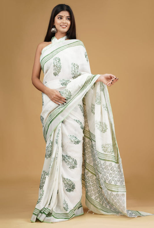 LINEN HAND BLOCK PRINT SAREE