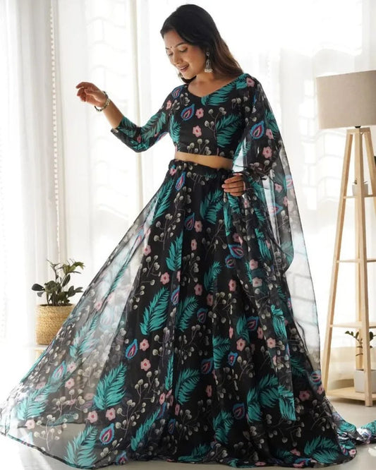 Navy Blue & Multi Coloured Tabby Silk Organza with Digital Printed Women Designer Party wear Lehenga choli with dupatta!!