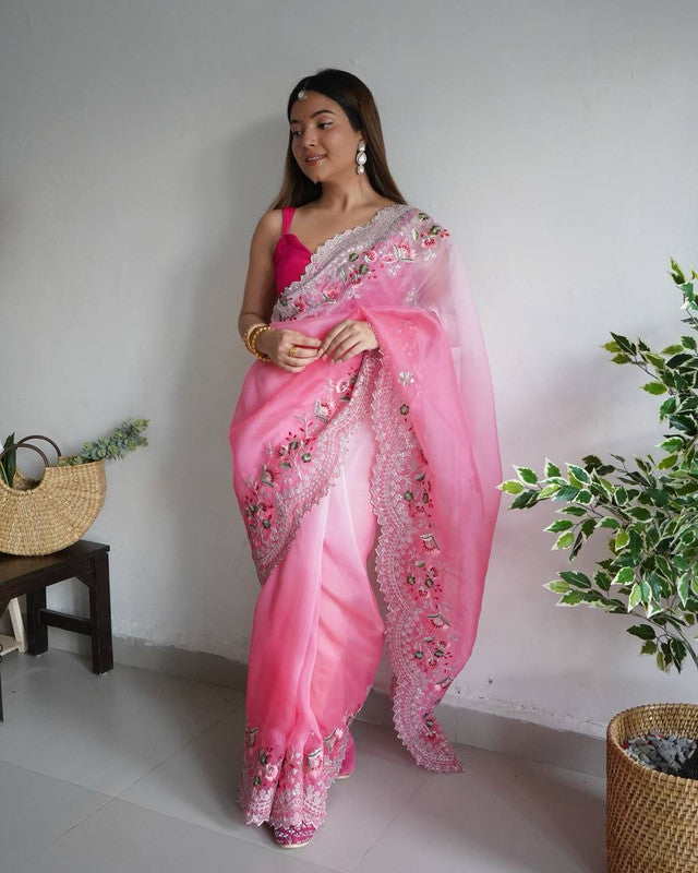 Pink & Multi Coloured Pure Organza Silk with Double shaded Print, Sequence & Hand Women Festival/Party wear Designer Organza Silk Saree with Blouse!!