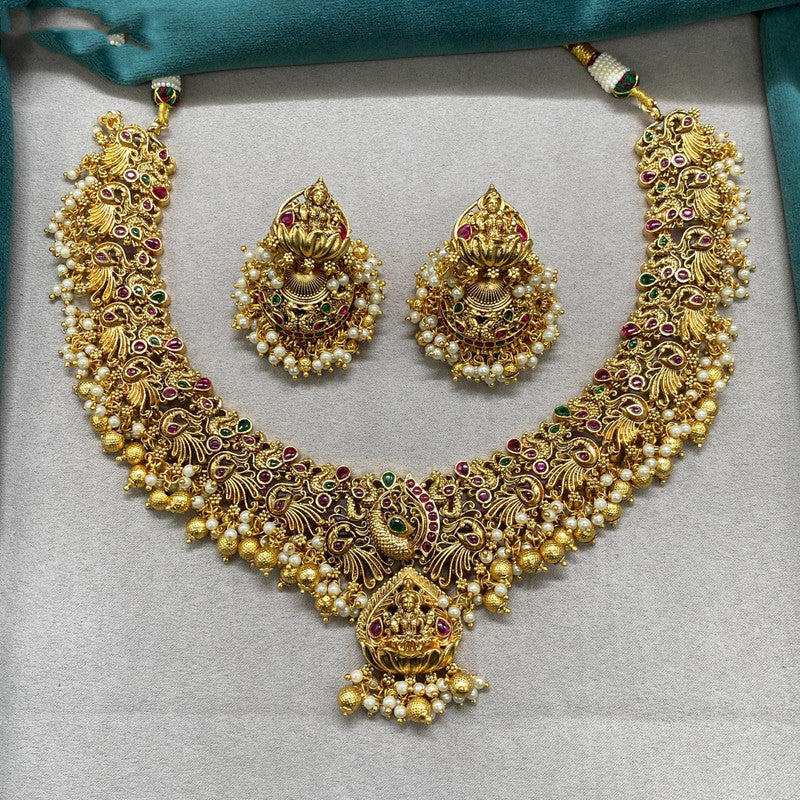 Gold & White Coloured Pure Brass Real Kundan Gold Plating with Pearls Women Lakshmi Temple Design Necklace set with earrings!!