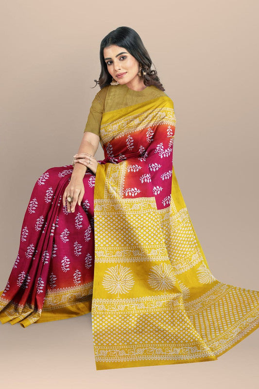 Maroon & Mustered Yellow Coloured Premium Mul Mul Cotton Beautiful Hand Block printed Women Daily/Party wear Saree with Blouse!!