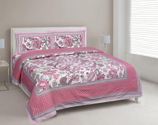 Pink Coloured Cotton Hand Print Queen size Double Bed sheet with Pillow covers!!