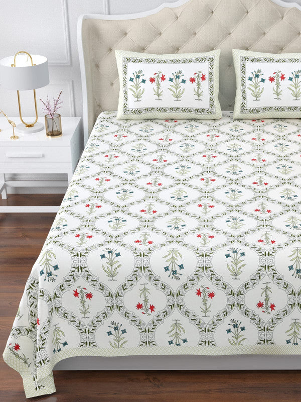 Green & Multi Coloured Pure Cotton with Beautiful Hand Block Printed King size Double Bed sheet with 2 Pillow covers!!