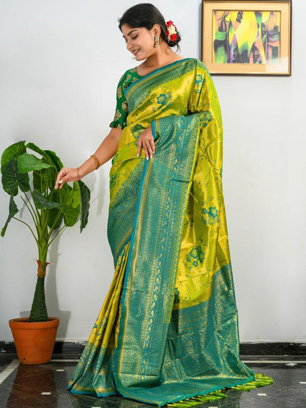 Parrot Green & Multi Coloured Antique Weaving Heavy Golden Contrast Big Border Women Designer Party wear Pure Soft Kanjivaram Silk Saree with Blouse!!