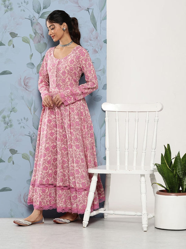 Pink Cotton Floral printed A-line shape Kurta with Trousers & Dupatta!!