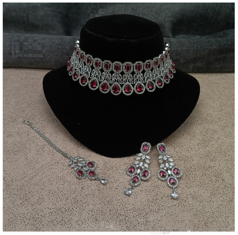 Maroon American Diamond ( AD) Party wear Necklace set with Earrings and matha Patti!!