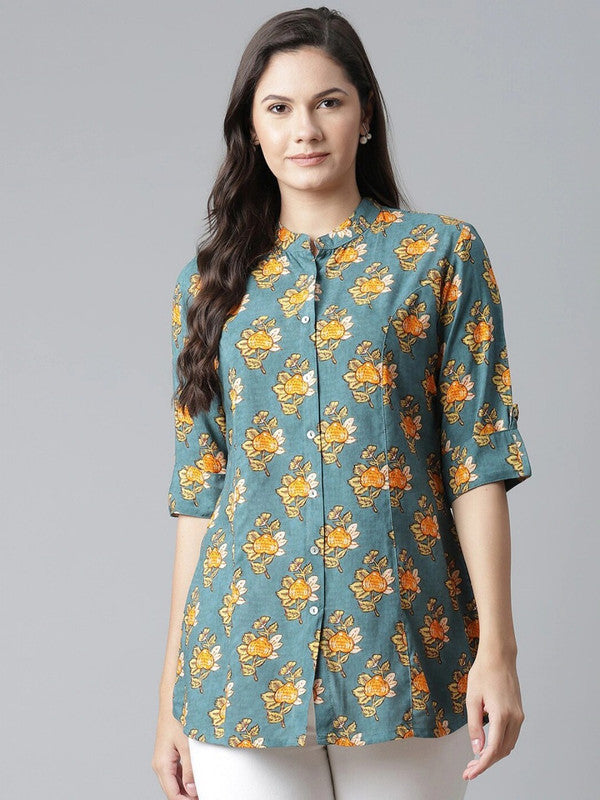 Sea green Floral print Mandarin collar shirt style top!!