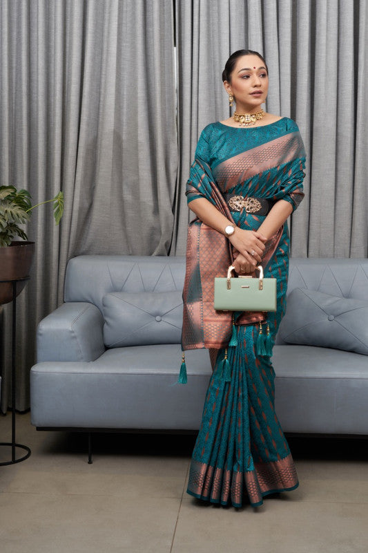 Dark Rama Blue Coloured Soft Silk Jacquard Weaving Design Rich pallu with Elegant Copper Zari Women Designer Party wear Saree with Blouse!!