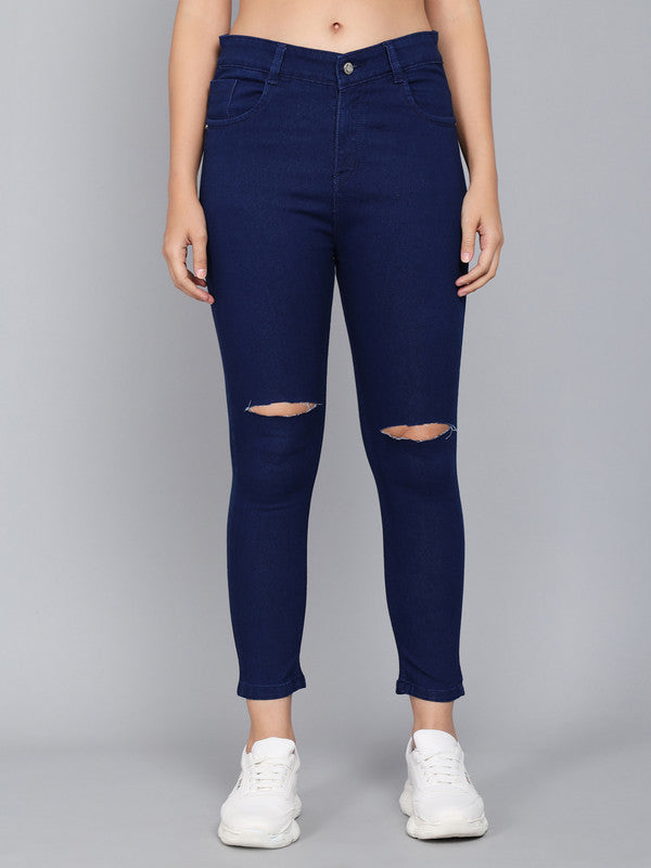 Blue Coloured Premium Denim Lycra with Stretchable Ankle Length Slim Knee Cut Women Casual/Party wear Knee Cut Jeans!!