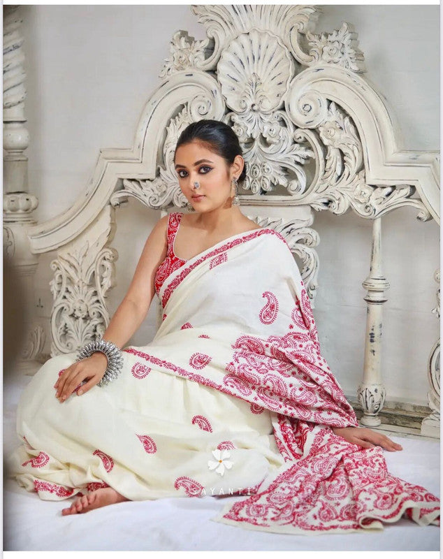 Off White & Red Coloured Pure Mulmul Cotton Silk with Digital Print Women Party wear Cotton Silk Saree with Blouse!!