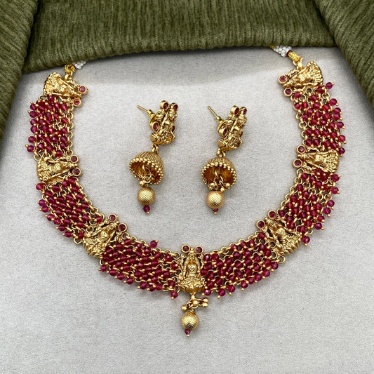 Beautiful Maroon & Gold Coloured Premium Quality Pure Copper Gold & Rajwadi Plating Lakshmi Necklace set with Earrings for Women!!