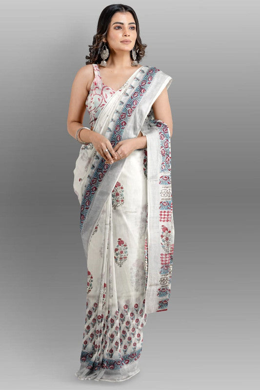 White & Multi Coloured Linen Cotton Beautiful Hand Block printed Women Daily/Party wear Saree with Blouse!!