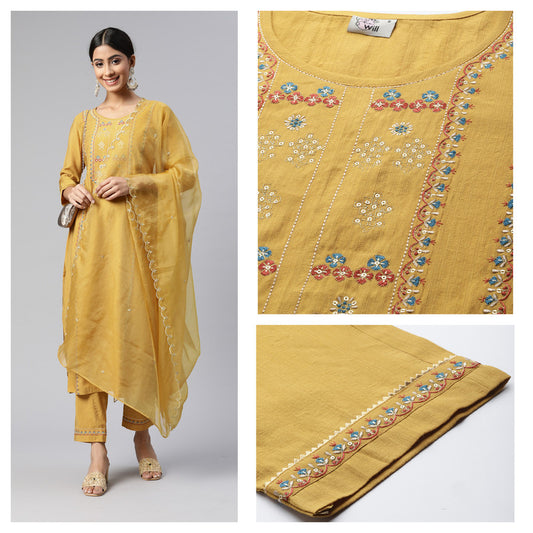 Cotton Blend Sequence Zari Embroidered  Kurti with Bottom and dupatta!!