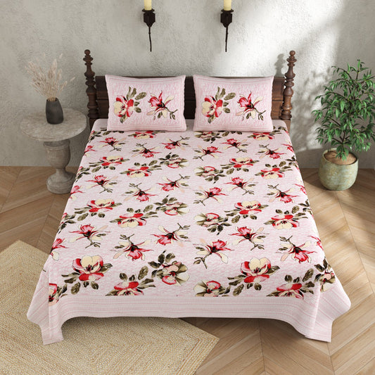 Pink Coloured Cotton Hand Print Queen size Double Bed sheet with Pillow covers!!