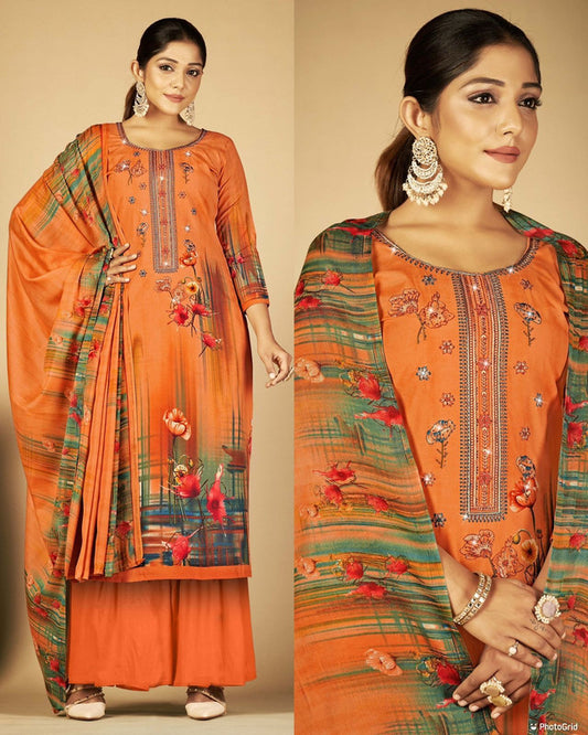 Orange Coloured Premium Soft Cotton Printed Embroidery Work & Swarovski work Top with Plazzo & Dupatta Set!!