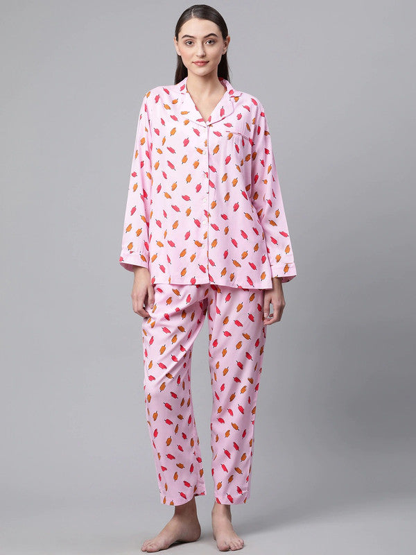 Pink Viscose Rayon Printed Lapel collar Long sleeves Night suit!!