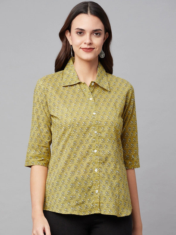 Olive green floral printed opaque Casual shirt