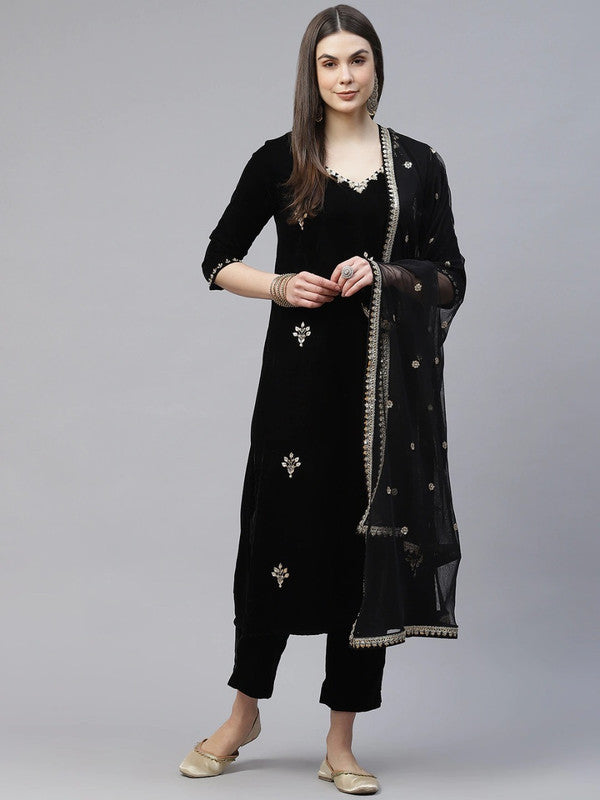 Black Solid embroidered Straight shape Kurta with Trousers and Dupatta