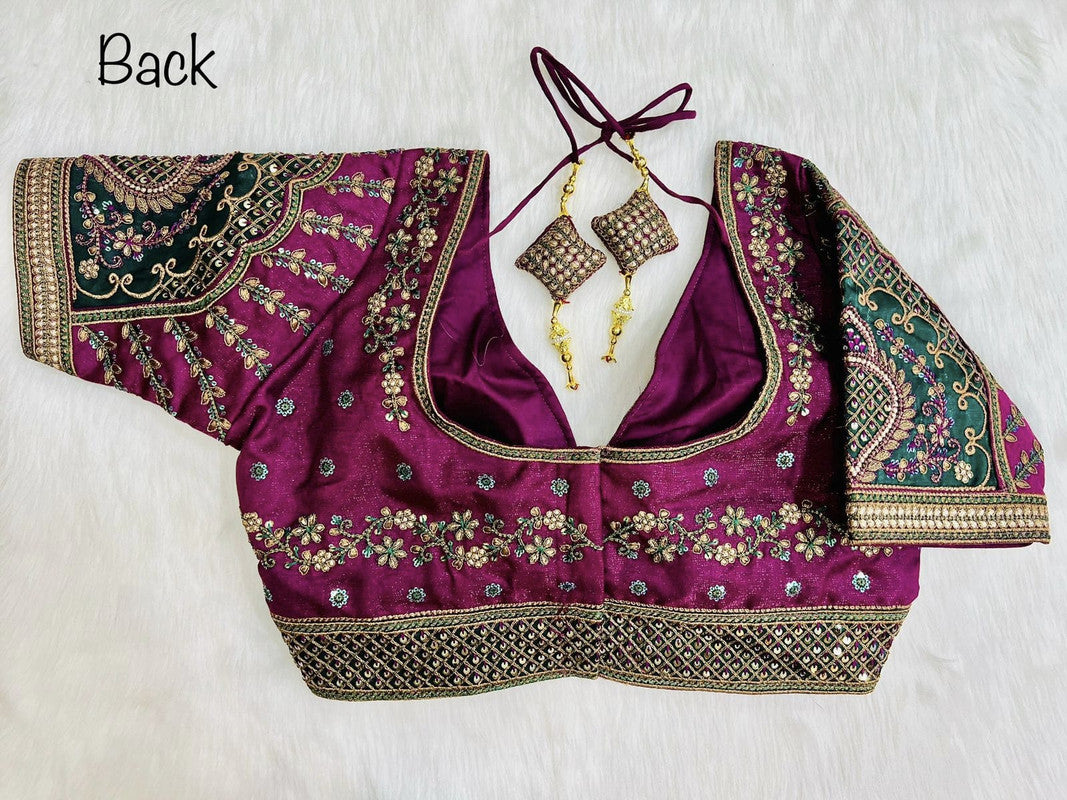 Rani Coloured Milan Silk Copper Jari With 4 Sequence Heavy Embroidery Work Ready Made Wedding Blouse!!