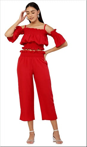 Red  American Crepe Crop Top and Palazzo Free size ( Up to 36 Size)