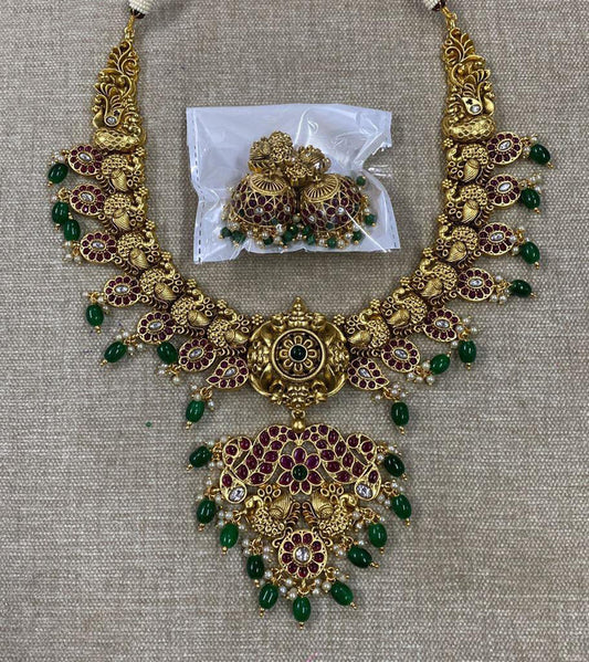 Gold & Green Coloured Pure Brass Real Kundan Gold Plating Women Designer Temple Long set with earrings!!