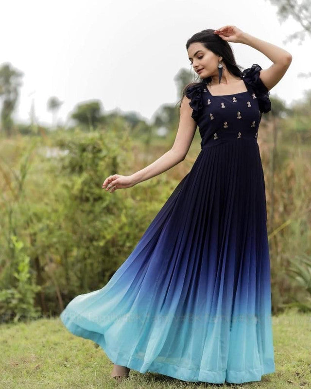 Dark Blue & Sky Blue Coloured Faux Georgette With Rich Digital Print with embroidery work Designer Party wear Gown!!