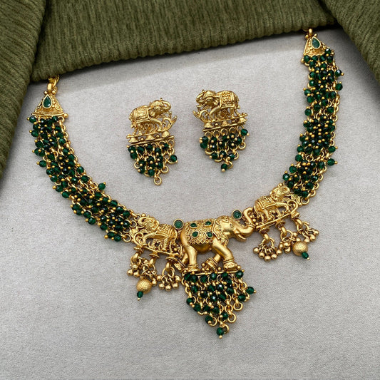 Beautiful Green & Gold Coloured Premium Quality Pure Brass Gold Plating Elephant Designer Necklace Jewellery set with Earrings!!